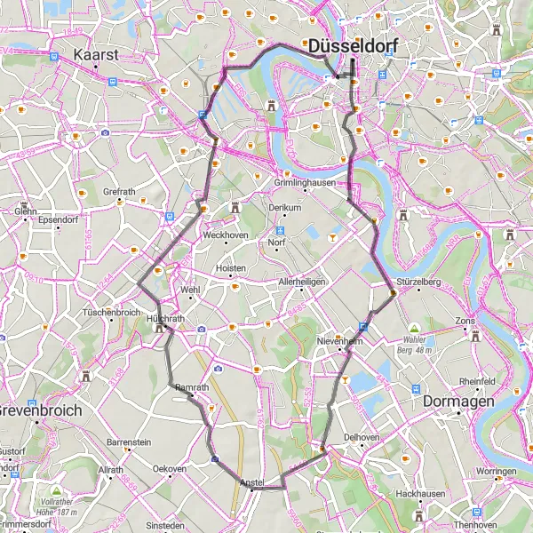 Map miniature of "Journey through Cultural and Natural Splendors" cycling inspiration in Düsseldorf, Germany. Generated by Tarmacs.app cycling route planner