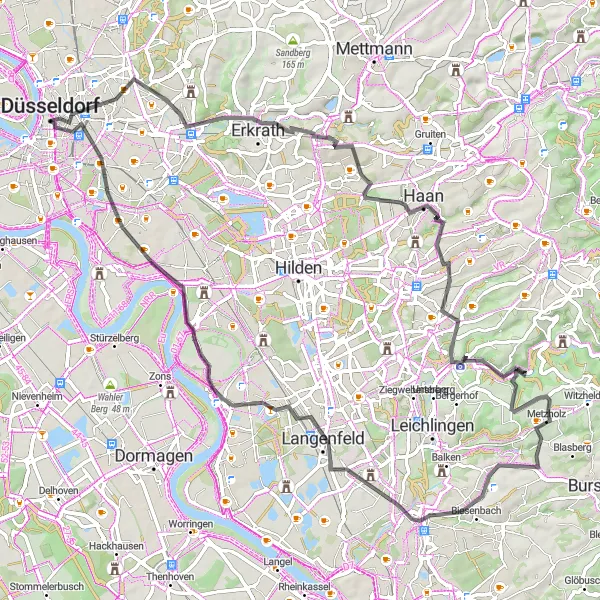 Map miniature of "Scenic Route to Baumberg" cycling inspiration in Düsseldorf, Germany. Generated by Tarmacs.app cycling route planner