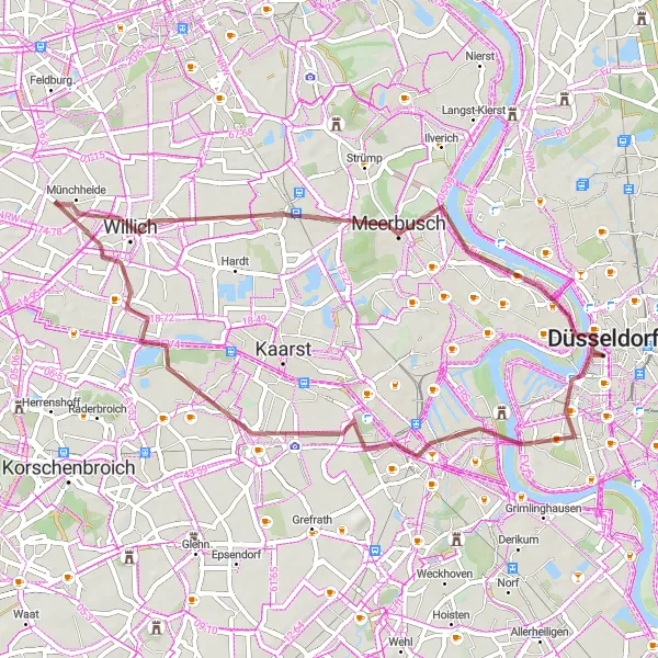 Map miniature of "Willich Gravel Adventure" cycling inspiration in Düsseldorf, Germany. Generated by Tarmacs.app cycling route planner