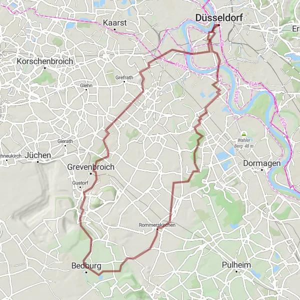 Map miniature of "Off-Road Adventure to Grevenbroich" cycling inspiration in Düsseldorf, Germany. Generated by Tarmacs.app cycling route planner