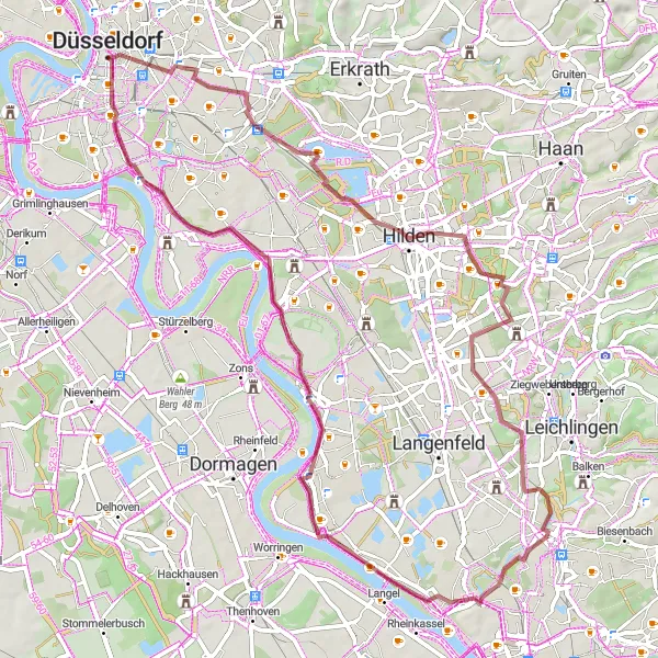 Map miniature of "Hidden Gems along the Rhein" cycling inspiration in Düsseldorf, Germany. Generated by Tarmacs.app cycling route planner