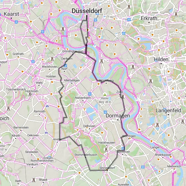 Karten-Miniaturansicht der Radinspiration "Rheinische Schönheit - Von Düsseldorf nach Zons" in Düsseldorf, Germany. Erstellt vom Tarmacs.app-Routenplaner für Radtouren