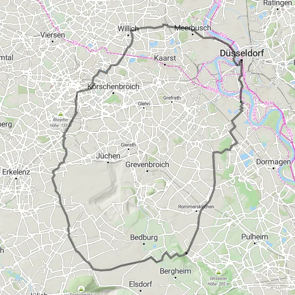 Map miniature of "Rhine River Road Adventure" cycling inspiration in Düsseldorf, Germany. Generated by Tarmacs.app cycling route planner