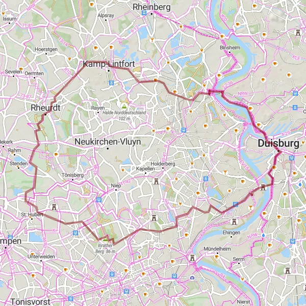 Map miniature of "Off-Road Adventure: Gravel Tour through Industrial Landscapes" cycling inspiration in Düsseldorf, Germany. Generated by Tarmacs.app cycling route planner