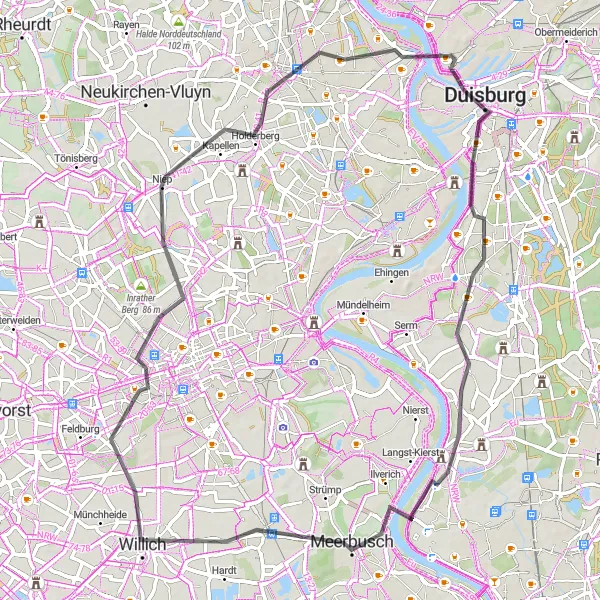 Map miniature of "Scenic Tour Around the Rhine: Düsseldorf-Moers Circuit" cycling inspiration in Düsseldorf, Germany. Generated by Tarmacs.app cycling route planner