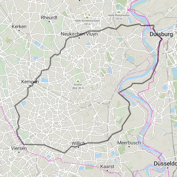 Karten-Miniaturansicht der Radinspiration "Rheinische Natur und Geschichte" in Düsseldorf, Germany. Erstellt vom Tarmacs.app-Routenplaner für Radtouren