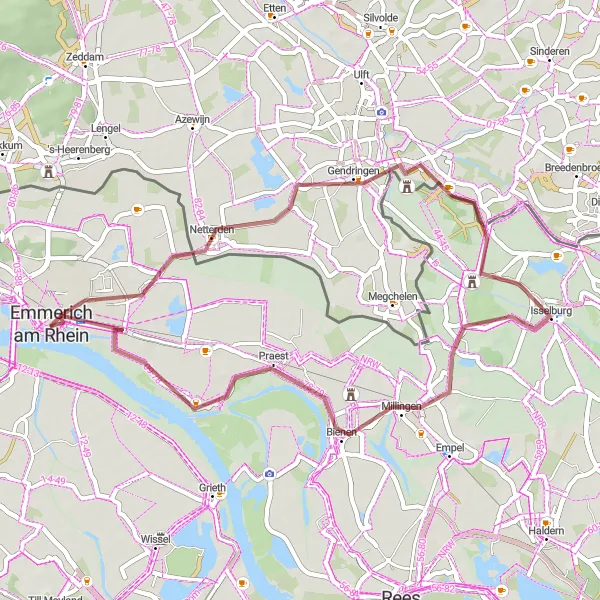 Map miniature of "Gravel Loop to Isselburg and Emmerich am Rhein" cycling inspiration in Düsseldorf, Germany. Generated by Tarmacs.app cycling route planner