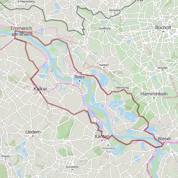 Map miniature of "Gravel Adventure by the Rhein" cycling inspiration in Düsseldorf, Germany. Generated by Tarmacs.app cycling route planner