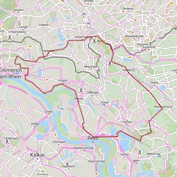 Map miniature of "Gravel Tour to Netterden via Gendringen" cycling inspiration in Düsseldorf, Germany. Generated by Tarmacs.app cycling route planner