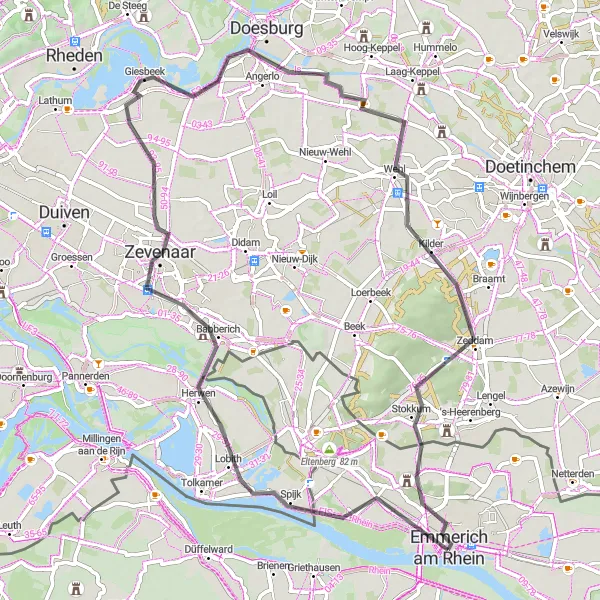 Map miniature of "Through Montferland Countryside" cycling inspiration in Düsseldorf, Germany. Generated by Tarmacs.app cycling route planner