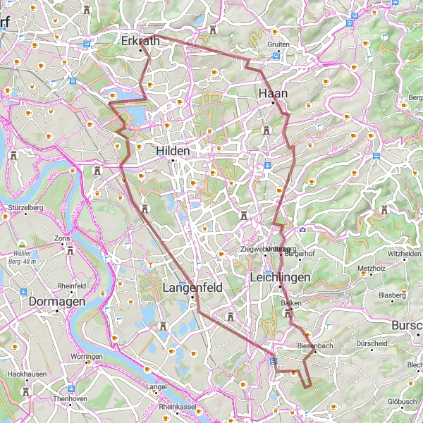 Map miniature of "Panoramic Gravel Route" cycling inspiration in Düsseldorf, Germany. Generated by Tarmacs.app cycling route planner