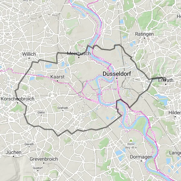 Map miniature of "Wersten - Korschenbroich Loop" cycling inspiration in Düsseldorf, Germany. Generated by Tarmacs.app cycling route planner