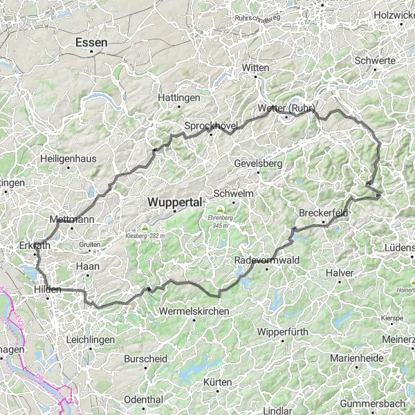 Karten-Miniaturansicht der Radinspiration "Radtour zu den Highlights des Bergischen Landes" in Düsseldorf, Germany. Erstellt vom Tarmacs.app-Routenplaner für Radtouren