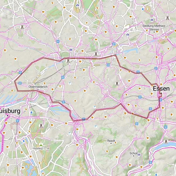 Map miniature of "Gravel Adventure from Essen to Oberhausen" cycling inspiration in Düsseldorf, Germany. Generated by Tarmacs.app cycling route planner