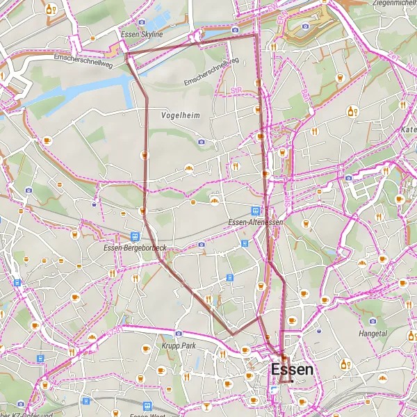 Map miniature of "Essen Skyline Gravel Loop" cycling inspiration in Düsseldorf, Germany. Generated by Tarmacs.app cycling route planner