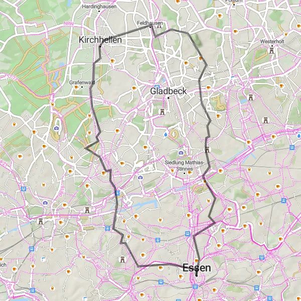 Map miniature of "Essen to Gelsenkirchen Road Cycling Tour" cycling inspiration in Düsseldorf, Germany. Generated by Tarmacs.app cycling route planner