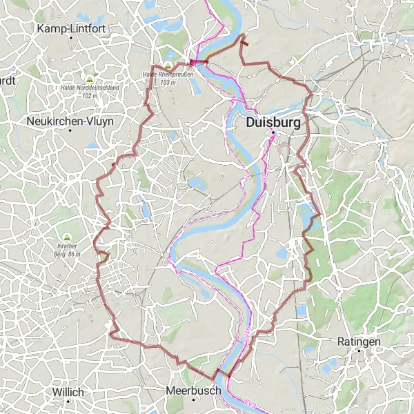 Karten-Miniaturansicht der Radinspiration "Erkundung von Dießem und Bergehalde Rheinpreußen" in Düsseldorf, Germany. Erstellt vom Tarmacs.app-Routenplaner für Radtouren