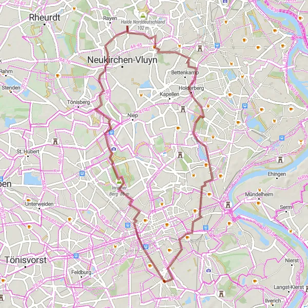 Map miniature of "The Gravel Delight" cycling inspiration in Düsseldorf, Germany. Generated by Tarmacs.app cycling route planner