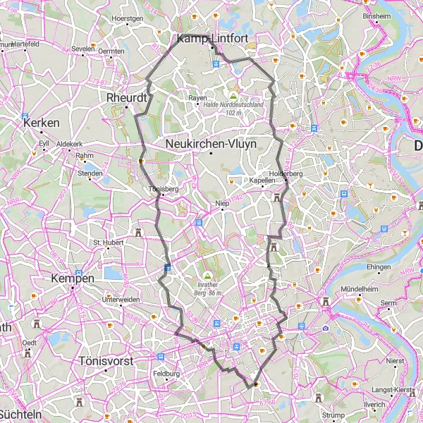 Map miniature of "Hüls to Holderberg" cycling inspiration in Düsseldorf, Germany. Generated by Tarmacs.app cycling route planner