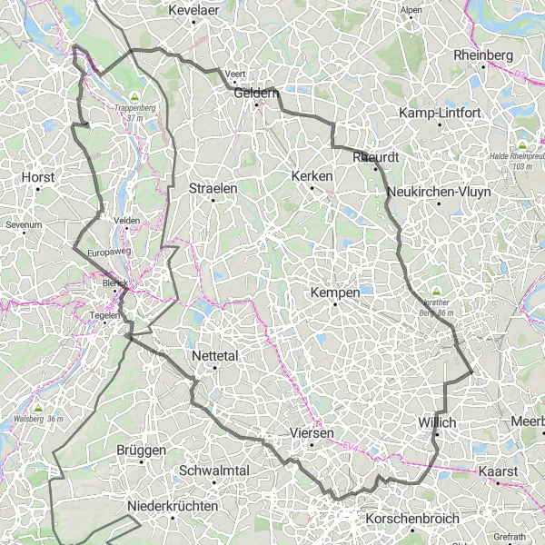 Map miniature of "The Willich Loop" cycling inspiration in Düsseldorf, Germany. Generated by Tarmacs.app cycling route planner