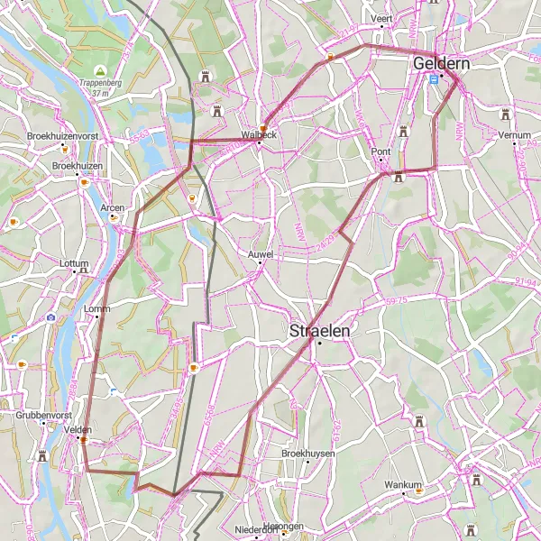 Map miniature of "Geldern Gravel Adventure" cycling inspiration in Düsseldorf, Germany. Generated by Tarmacs.app cycling route planner