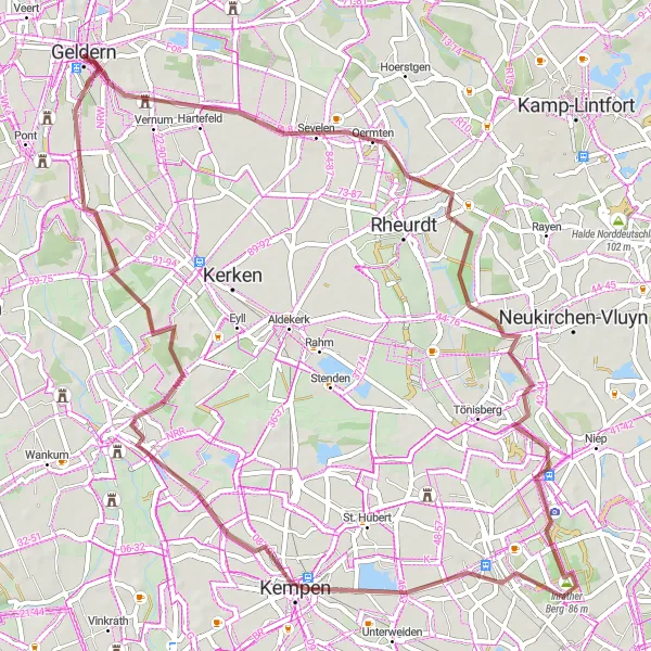 Map miniature of "Exploring the Gravel Pathways" cycling inspiration in Düsseldorf, Germany. Generated by Tarmacs.app cycling route planner