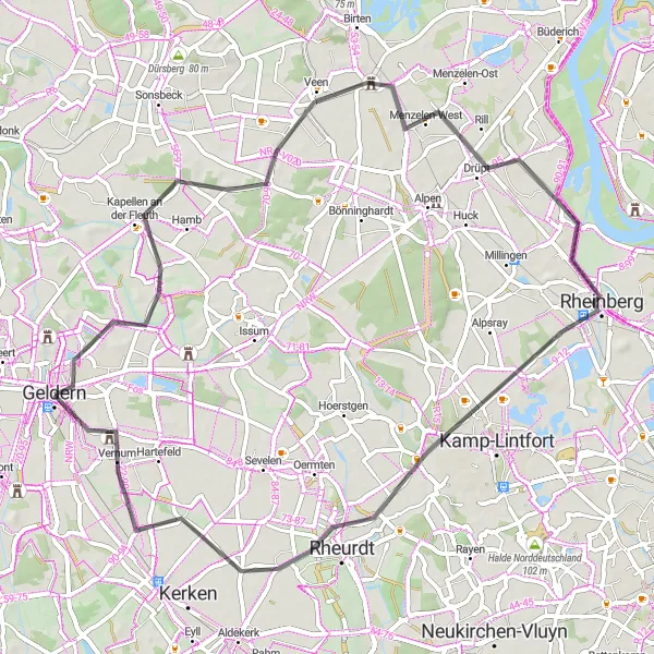 Map miniature of "Rheinberg and Kapellen Road Route" cycling inspiration in Düsseldorf, Germany. Generated by Tarmacs.app cycling route planner