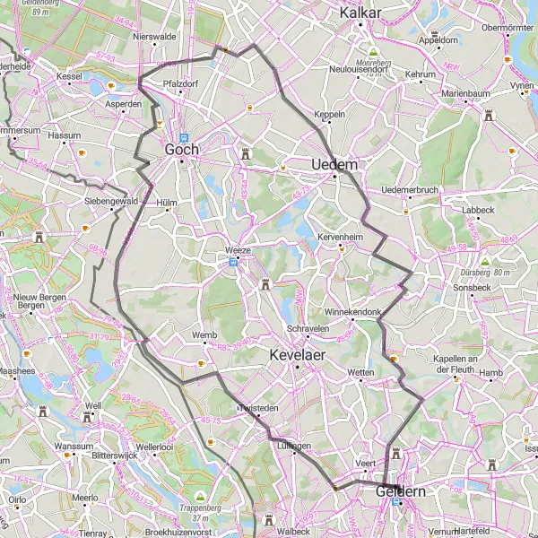 Map miniature of "Scenic Countryside Ride near Geldern" cycling inspiration in Düsseldorf, Germany. Generated by Tarmacs.app cycling route planner