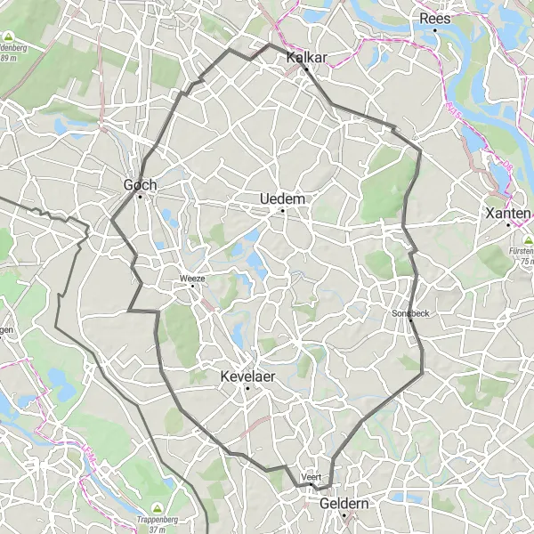 Map miniature of "Kalkar Castle Loop" cycling inspiration in Düsseldorf, Germany. Generated by Tarmacs.app cycling route planner