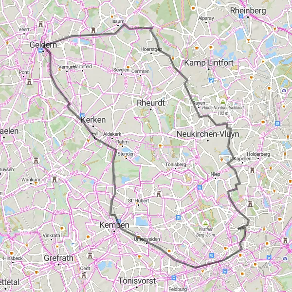 Map miniature of "Unique Landscapes of Issum Road Route" cycling inspiration in Düsseldorf, Germany. Generated by Tarmacs.app cycling route planner