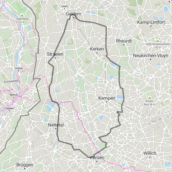 Karten-Miniaturansicht der Radinspiration "Road Tour um Geldern" in Düsseldorf, Germany. Erstellt vom Tarmacs.app-Routenplaner für Radtouren