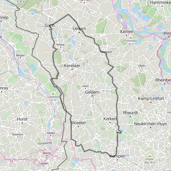 Karten-Miniaturansicht der Radinspiration "Tour de Niederrhein" in Düsseldorf, Germany. Erstellt vom Tarmacs.app-Routenplaner für Radtouren