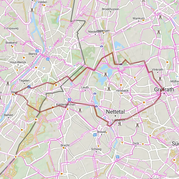 Karten-Miniaturansicht der Radinspiration "Gravel Tour um Grefrath" in Düsseldorf, Germany. Erstellt vom Tarmacs.app-Routenplaner für Radtouren