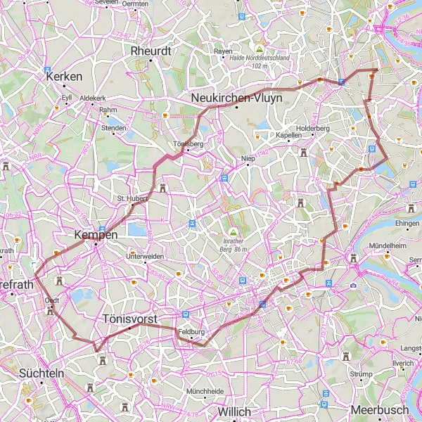 Karten-Miniaturansicht der Radinspiration "Abenteuerliche Gravel-Tour durch Niederrhein" in Düsseldorf, Germany. Erstellt vom Tarmacs.app-Routenplaner für Radtouren
