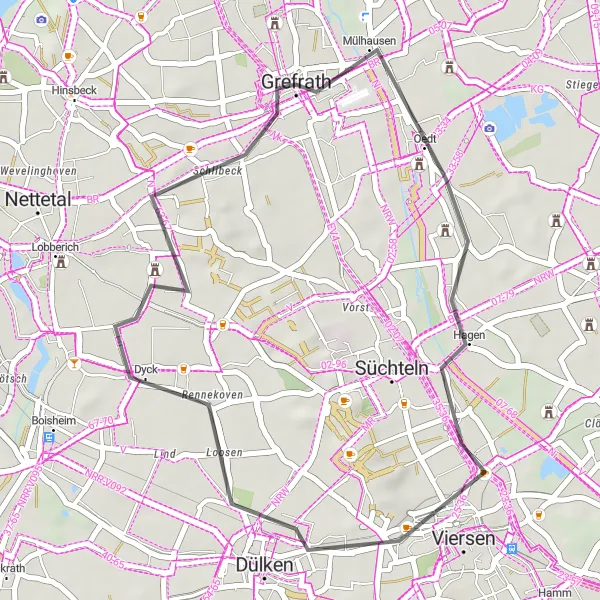 Karten-Miniaturansicht der Radinspiration "Entspannte Radtour am Niederrhein" in Düsseldorf, Germany. Erstellt vom Tarmacs.app-Routenplaner für Radtouren