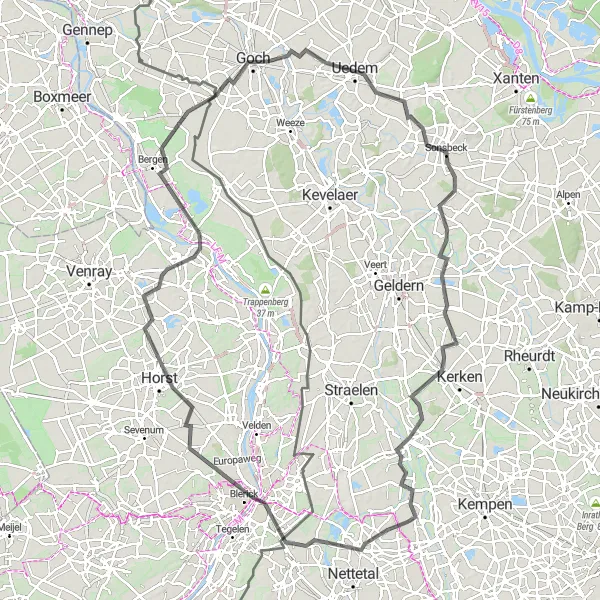 Map miniature of "Rural Goch Loop" cycling inspiration in Düsseldorf, Germany. Generated by Tarmacs.app cycling route planner