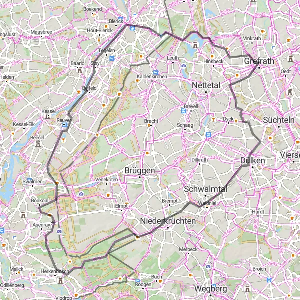 Map miniature of "Idyllic Road Cycling in Grefrath and Surroundings" cycling inspiration in Düsseldorf, Germany. Generated by Tarmacs.app cycling route planner