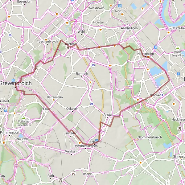 Map miniature of "Hülchrath and Altes Schloß Gravel Ride" cycling inspiration in Düsseldorf, Germany. Generated by Tarmacs.app cycling route planner