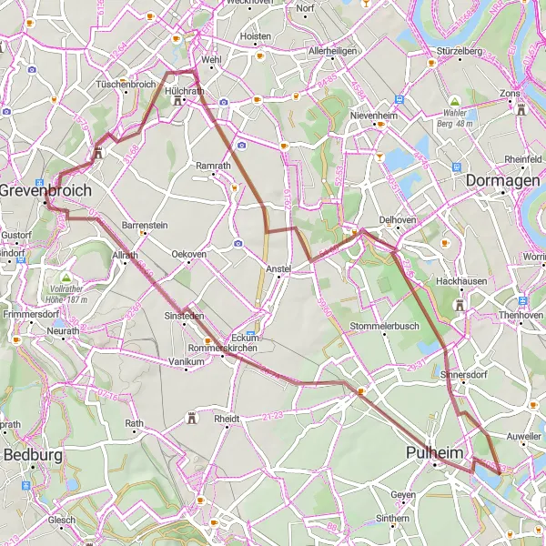 Map miniature of "Rommerskirchen Gravel Ride" cycling inspiration in Düsseldorf, Germany. Generated by Tarmacs.app cycling route planner