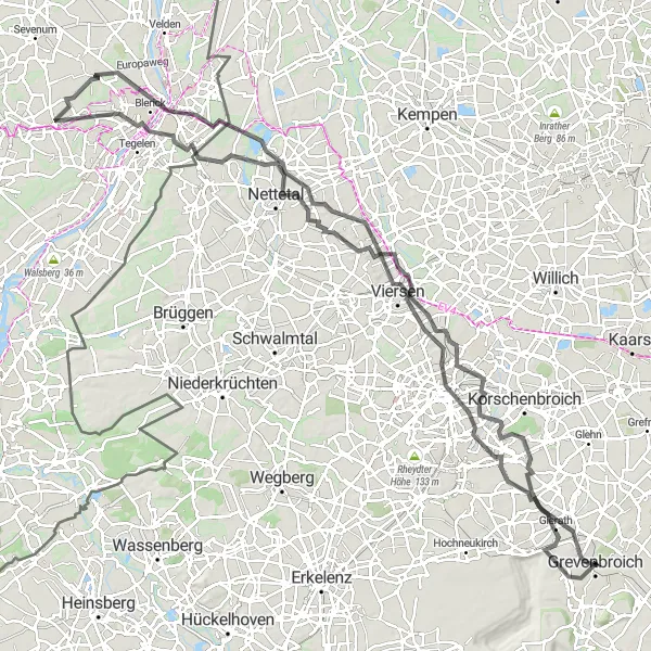 Map miniature of "Schloss Rheydt Road Tour" cycling inspiration in Düsseldorf, Germany. Generated by Tarmacs.app cycling route planner