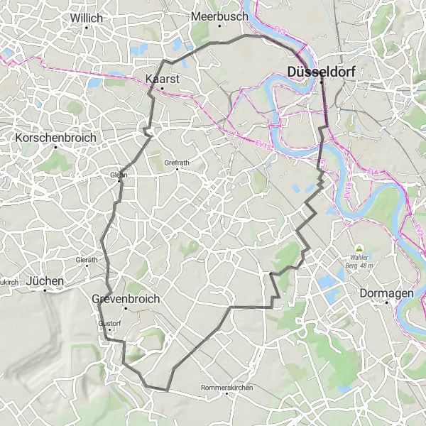 Map miniature of "Büttgen and Ückerath Road Challenge" cycling inspiration in Düsseldorf, Germany. Generated by Tarmacs.app cycling route planner