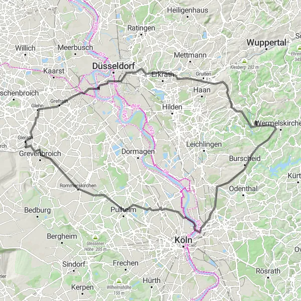 Map miniature of "Erkrath and Solingen Road Challenge" cycling inspiration in Düsseldorf, Germany. Generated by Tarmacs.app cycling route planner