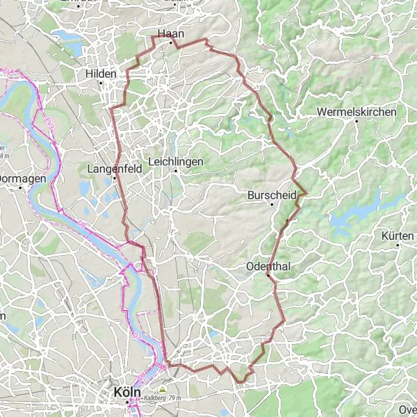 Karten-Miniaturansicht der Radinspiration "Erlebe die Natur auf einer 84 km langen Gravel-Tour durch Solingen und Leverkusen" in Düsseldorf, Germany. Erstellt vom Tarmacs.app-Routenplaner für Radtouren