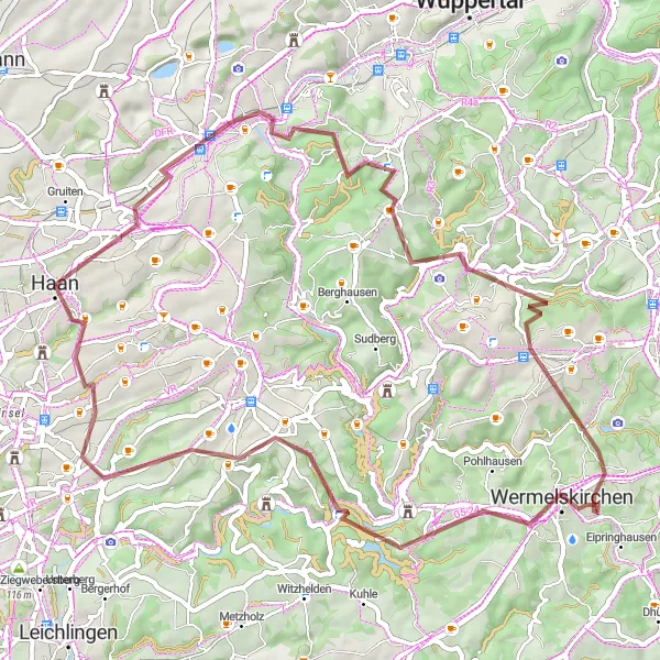Map miniature of "Haan - Burggrafenberg - Remscheid - Kenkhauser Berg - Burg Castle - Sattelsberg - Höhscheid - Merscheid" cycling inspiration in Düsseldorf, Germany. Generated by Tarmacs.app cycling route planner