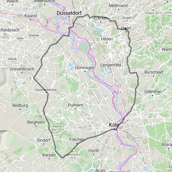 Map miniature of "Merscheid and Cologne Trail" cycling inspiration in Düsseldorf, Germany. Generated by Tarmacs.app cycling route planner