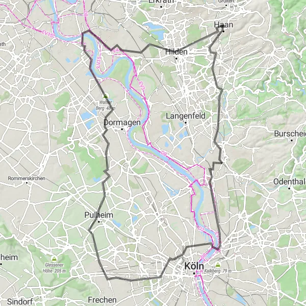Map miniature of "Haan and Leverkusen Loop" cycling inspiration in Düsseldorf, Germany. Generated by Tarmacs.app cycling route planner
