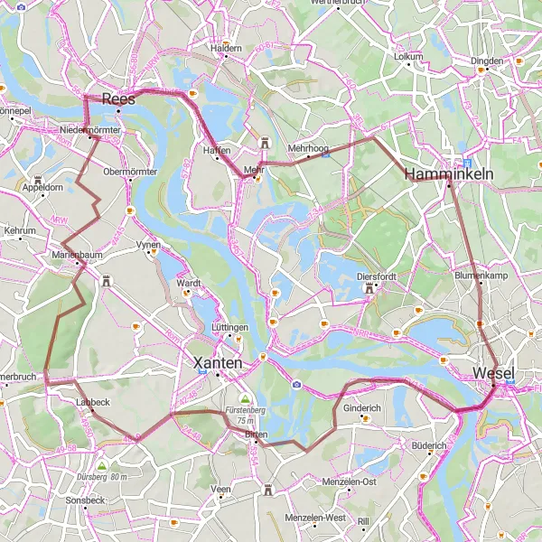 Map miniature of "Wesel to Mehr" cycling inspiration in Düsseldorf, Germany. Generated by Tarmacs.app cycling route planner