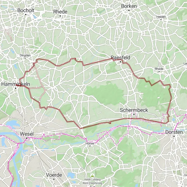 Map miniature of "Ringenberg to Drevenack Gravel Adventures" cycling inspiration in Düsseldorf, Germany. Generated by Tarmacs.app cycling route planner
