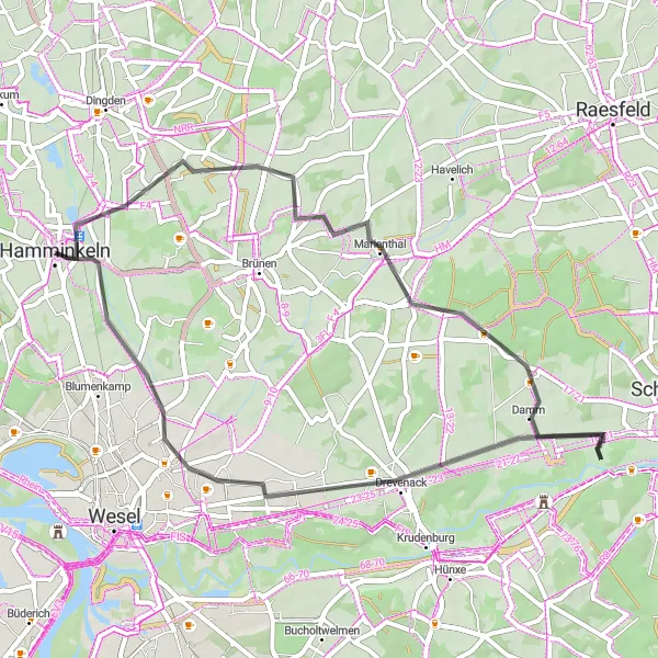 Karten-Miniaturansicht der Radinspiration "Rundtour Ringenberg - Drevenack - Obrighoven" in Düsseldorf, Germany. Erstellt vom Tarmacs.app-Routenplaner für Radtouren