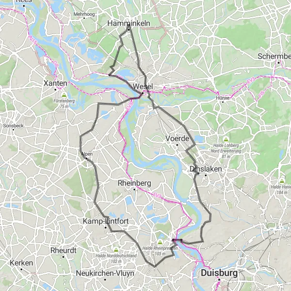 Karten-Miniaturansicht der Radinspiration "Radtour Wesel - Moers - Kamp-Lintfort - Bellmuntz - Hamminkeln" in Düsseldorf, Germany. Erstellt vom Tarmacs.app-Routenplaner für Radtouren